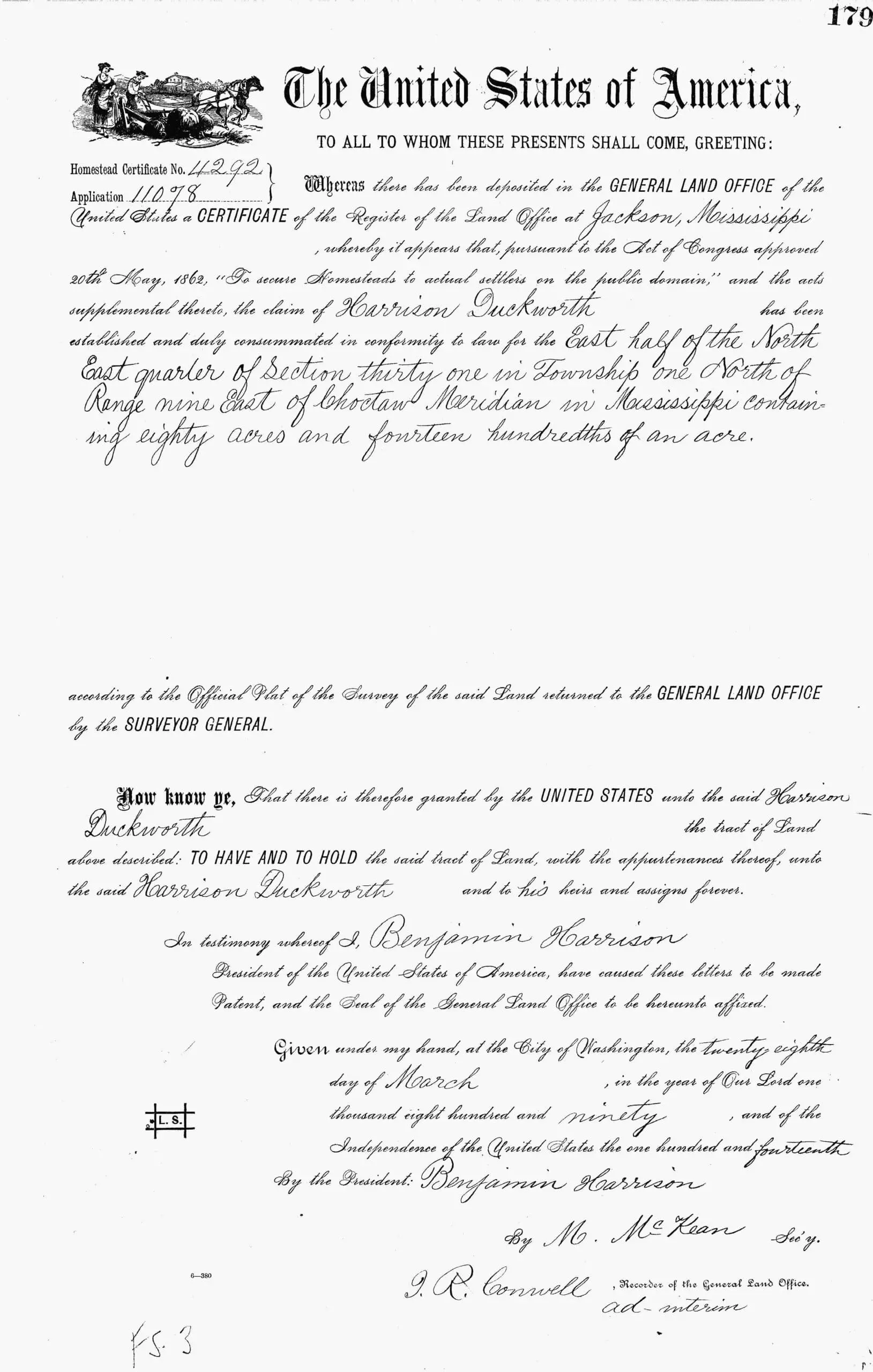 1890 Land acquisition contract used in my article the Life Story of Harrison Duckworth, My Great Great Grandfather.