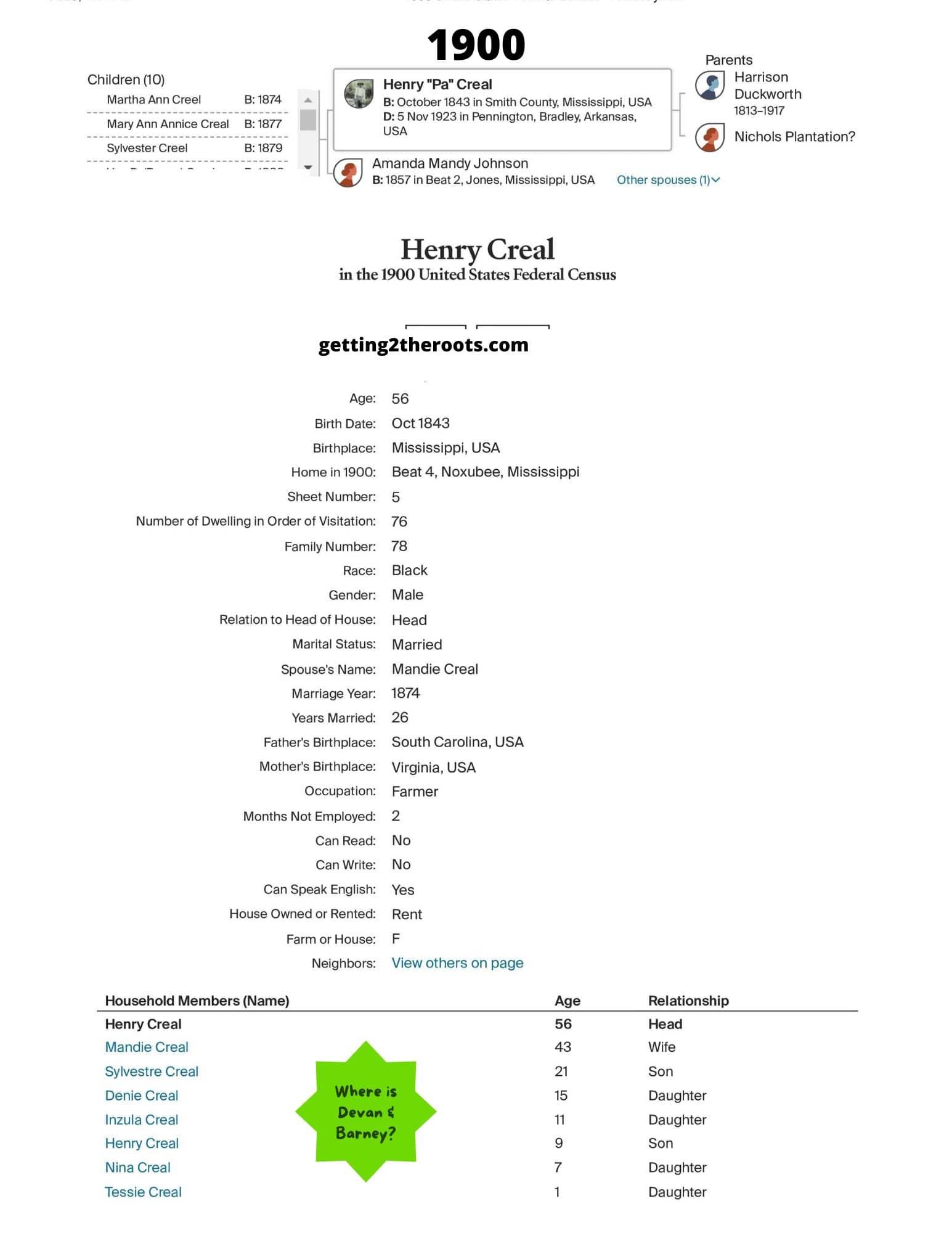 The 1900 Census for my great uncle was used in my article, "The Life Story Of My Great Uncle, Devan Creal.”