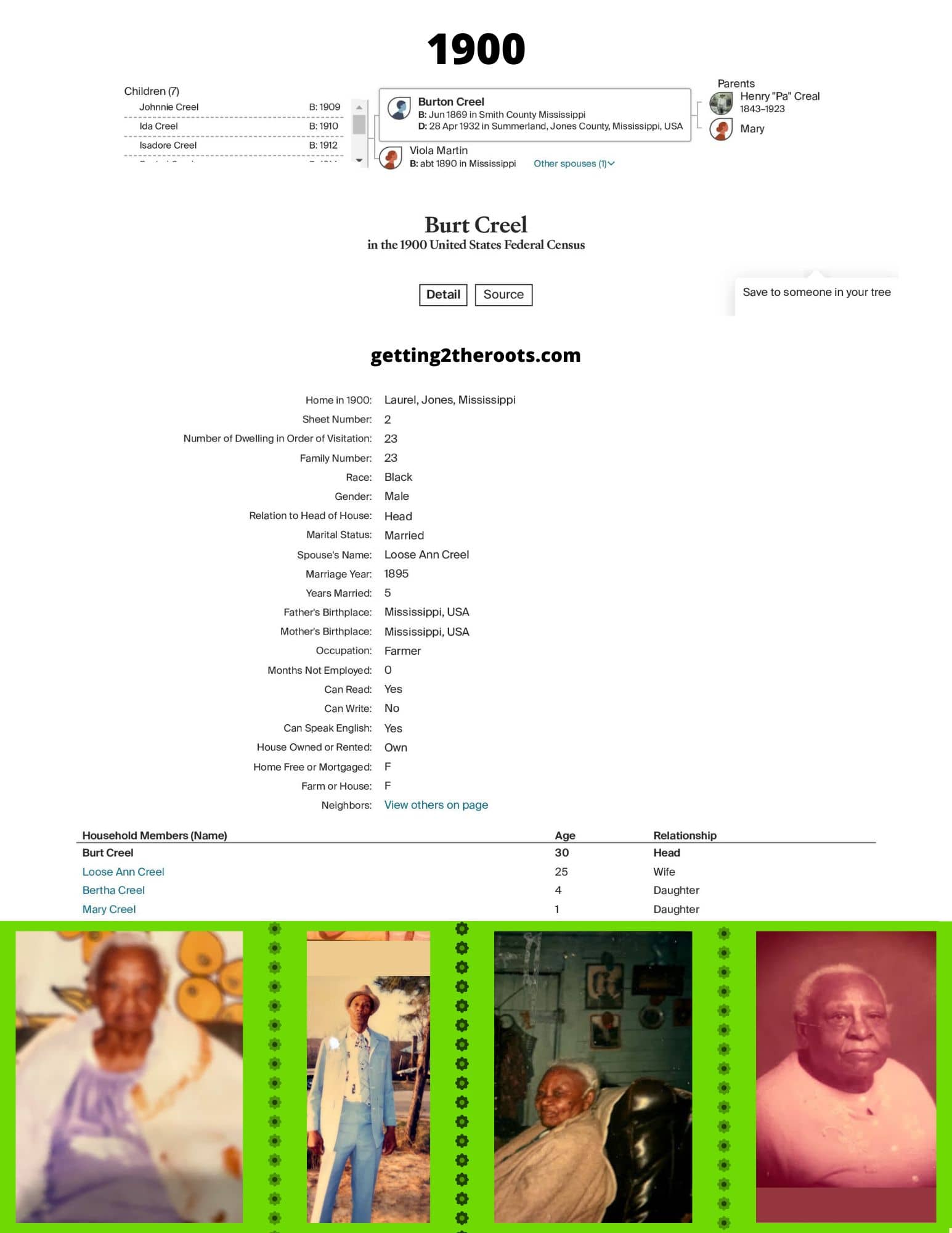 1900 census for my great uncle Burt's was used in my article, "A photo of Burt's descendants was used in my article, "My Great Uncle Burton Burt Creel's Life Story."