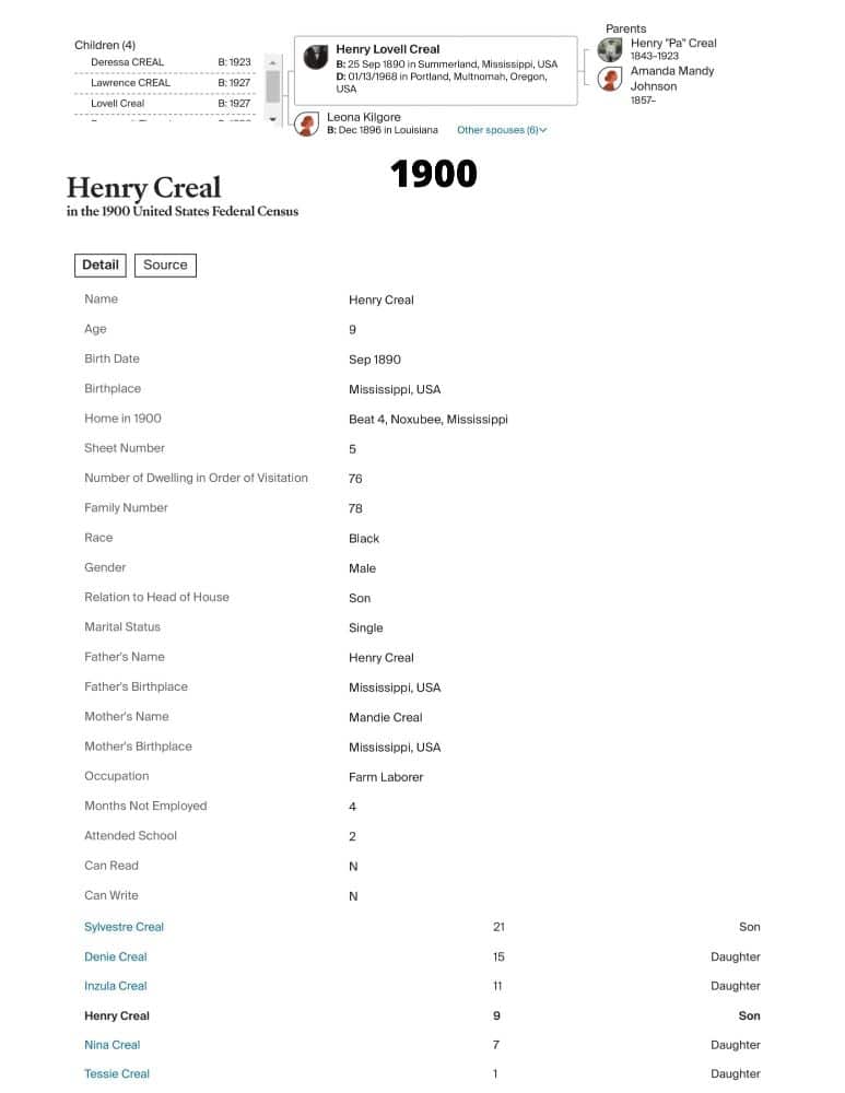 The 1900 Census for my grandfather, Henry, was used in my article, "The Life Story Of My Grandfather Henry Lovell Creal, Jr."