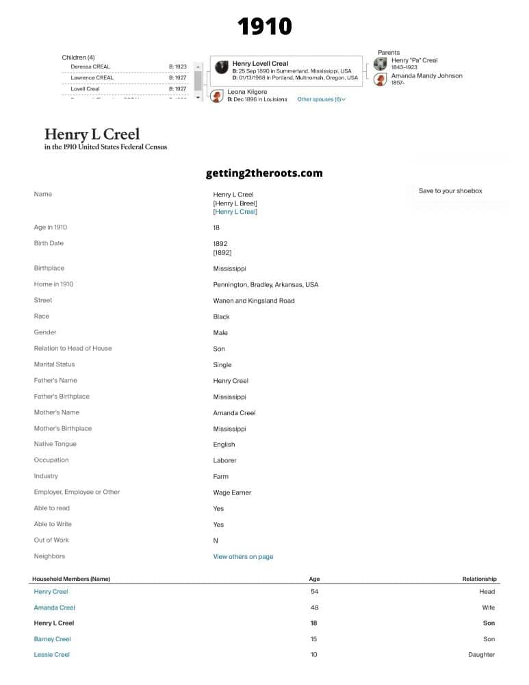 The 1910 Census for my grandfather, Henry, was used in my article, "The Life Story Of My Grandfather Henry Lovell Creal, Jr."