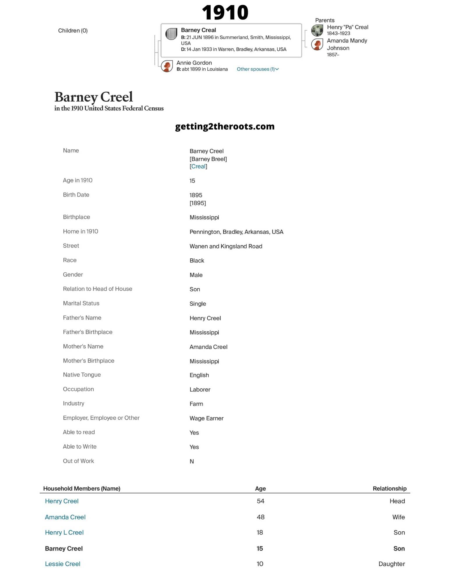 The 1910 Census for my great uncle was used in my article "Life Story Of My Great Uncle, Barney Creal.