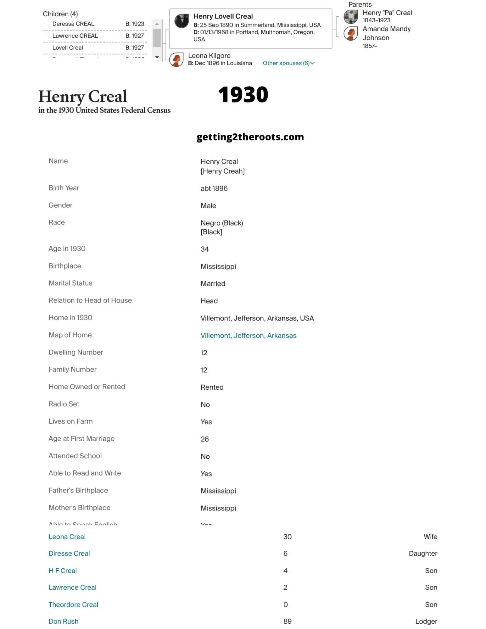 The 1930 Census for my grandfather, Henry, was used in my article, "The Life Story Of My Grandfather Henry Lovell Creal, Jr."