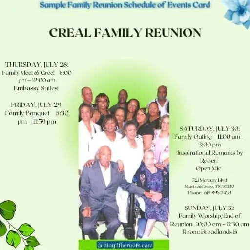 A Sample Family Reunion Schedule of Events Card