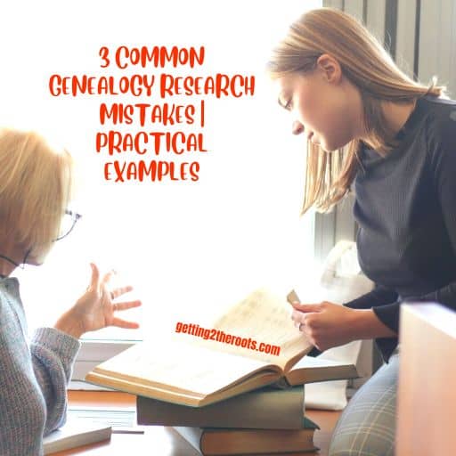This is an image of two ladies looking at a big book used on my post 3 Common Genealogy Research Mistakes | Practical Examples”.