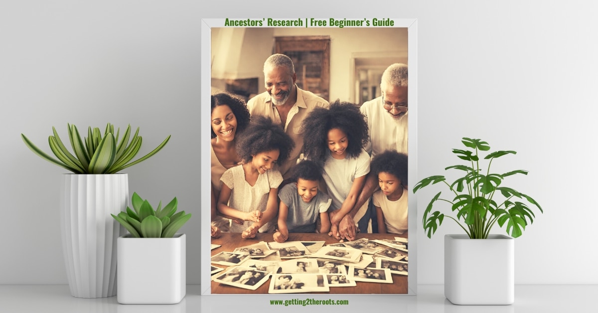 This is an image of African American family looking at photos in my article titled 'Ancestors' Research Free Beginner's Guide.
