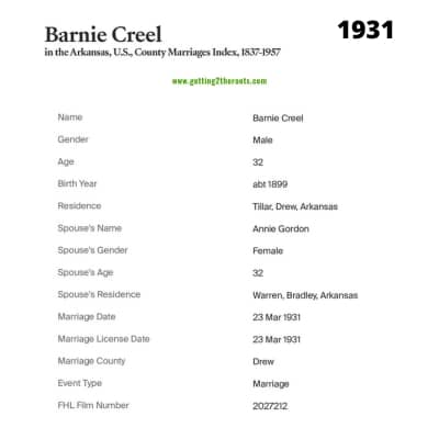 My great uncle, Barney's marriage record was used in my article, "The Life Story Of My Grandfather Henry Lovell Creal, Jr."