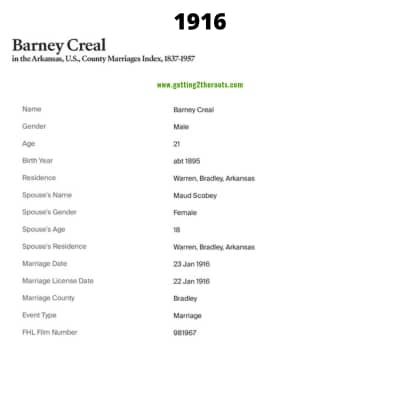 My great uncle, Barney's marriage record was used in my article, "The Life Story Of My Grandfather Henry Lovell Creal, Jr."