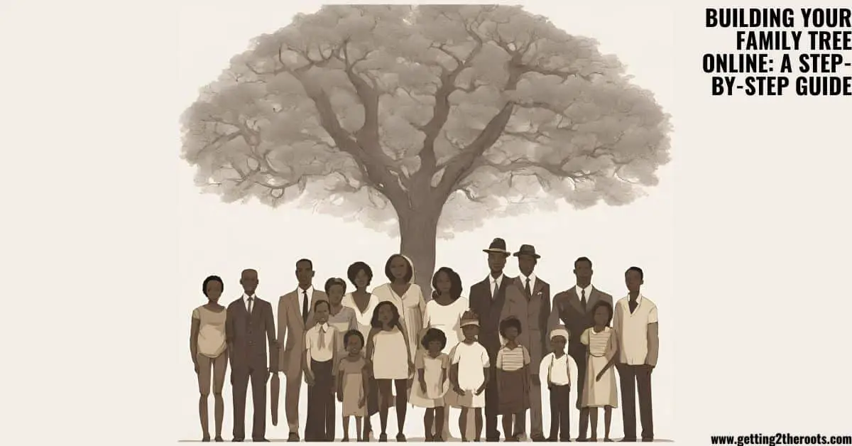 This is an image of a family standing in front of a tree used in my post Creating A Stunning Family Tree Online Tips And Tricks.