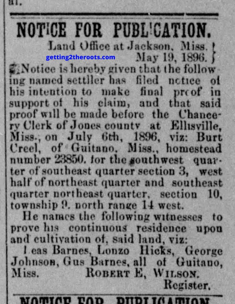 Homestead for my great uncle Burt's agreement was used in my article "My Great Uncle Burton Burt Creel's Life Story."