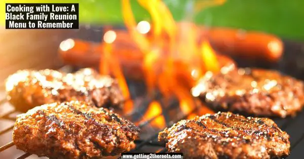 This is an image of burgers cookingon a grill used in my post, Cooking with Love A Black Family Reunion Menu to Remember.