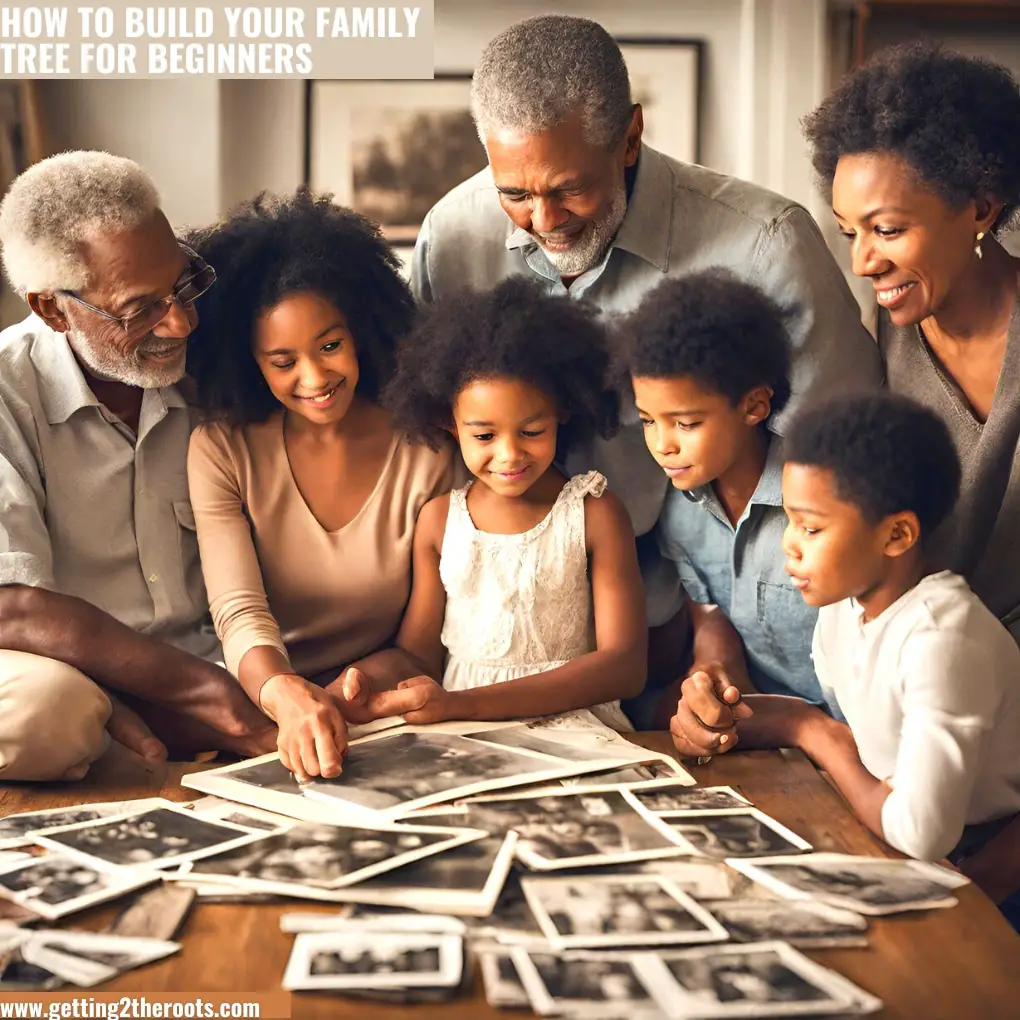 This is an image of a family looking at a photos used in my post, Creating A Stunning Family Tree Online Tips And Tricks.