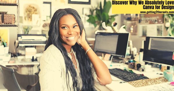 Image of a bladk lady sitting in front of a labtop used in my article Discover Why We Absolutely Love Canva for Design.