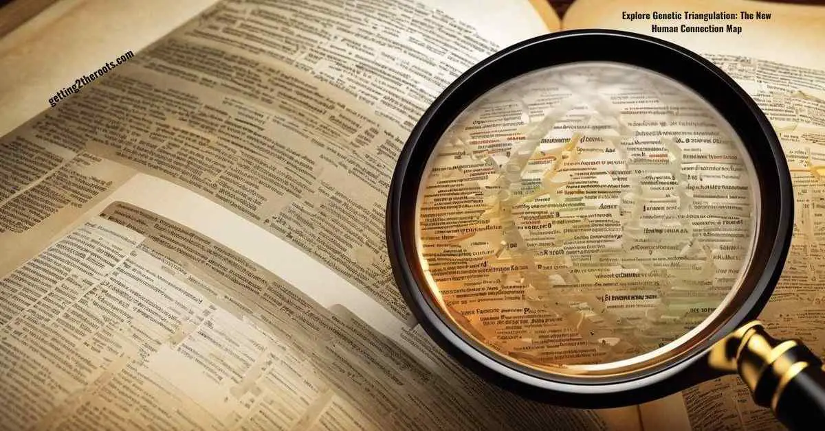 An image depicting a magnifying glass searching through DNA strands, representing the remarkable transformation of genealogical studies through genetic triangulation.