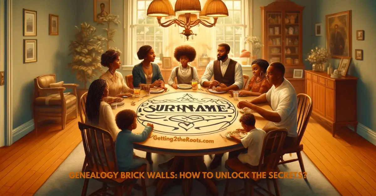 Image of a family sitting at a table representing Genealogy Brick Walls: How To Unlock the Secrets?