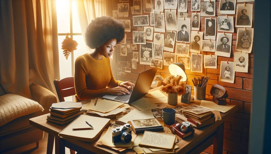 African American woman at a desk, embodying Purpose in Blogging.