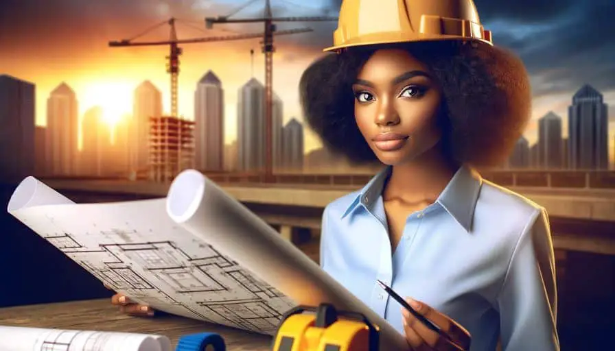 African American woman wearing a hard hat holding construction plans at a desk, embodying Purpose in Blogging.