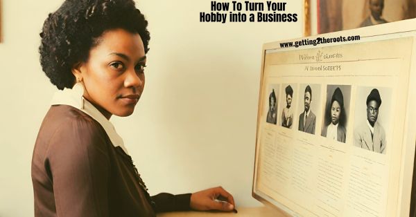 Image of a black lady at her computer representing hobby into a business.