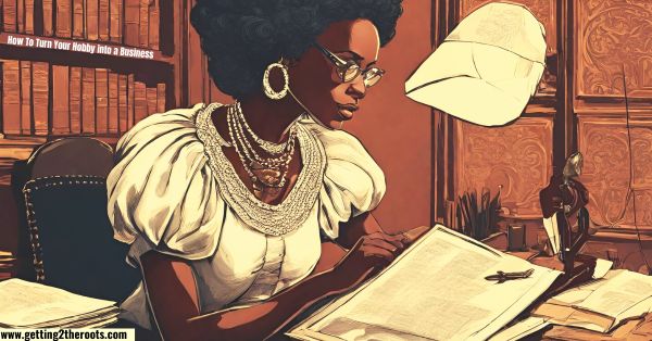 Computer generated image of a black lady looking at papers represents hobby turn into a business.