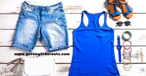 This is an image of a women's blue jeans set with matching shoes and jewelry was used in my article How to dress for a family reunion.