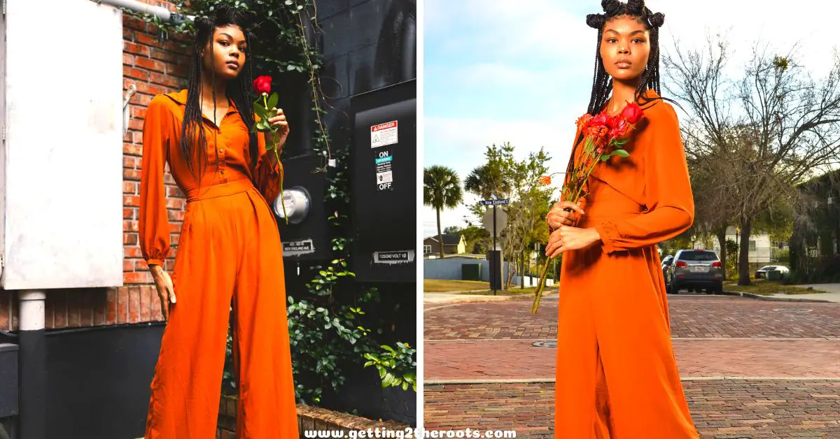 This is an image of a model in a fancy orange jumpsuit was used in my article, How to Dress for A Family Reunion | Tips for All Ages.