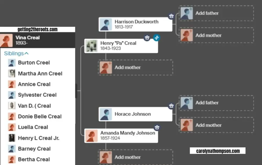 Snippet of Ancestry tree breakdown used on my article " I Found My Great Aunt, Vina Creal"