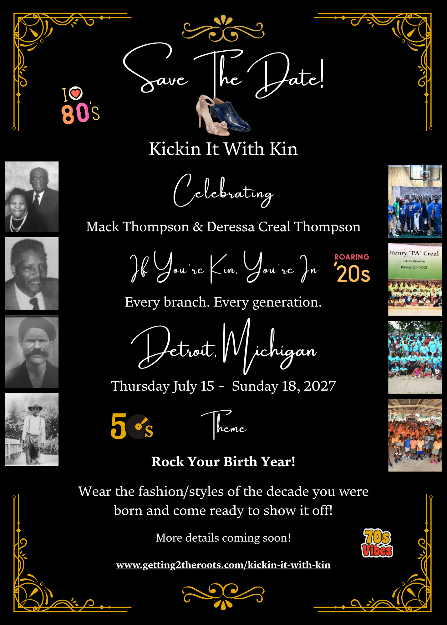 Event poster announcing 'Save The Date' for Kickin It With Kin celebration; black background with gold decorative borders and shoes image in center.