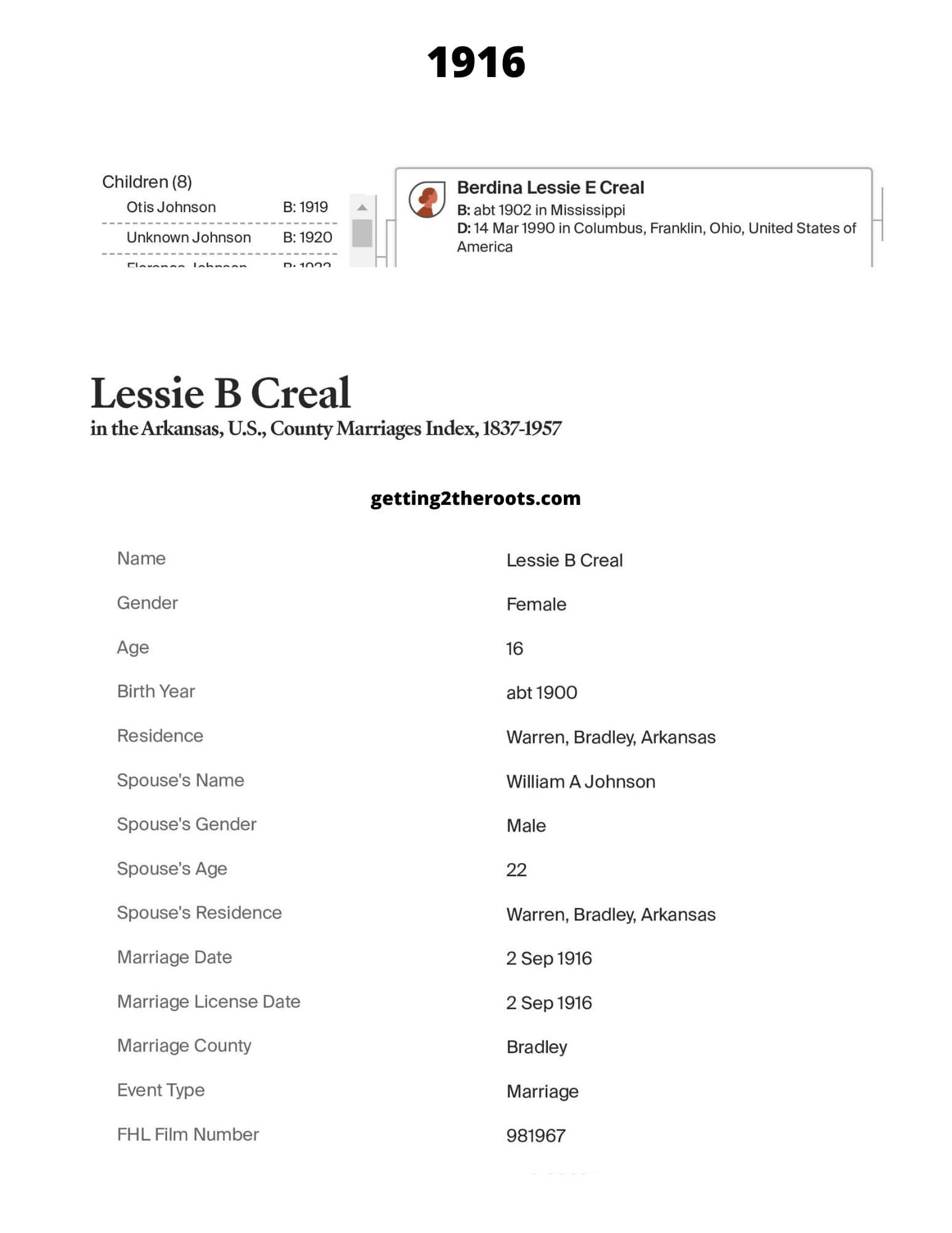 My great aunt. Lessie Creal Johnson's marriage record.