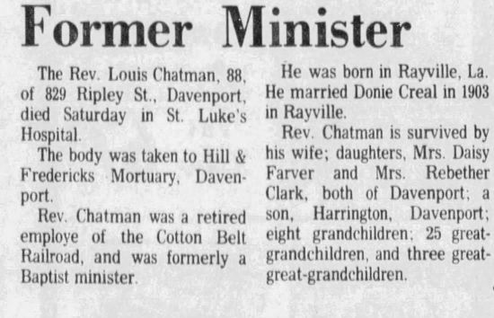 The newspaper article for My Great Aunt Donie Creal’s husband was used in my article, "The Life Story of My Great Aunt Donie Belle Creal Chatman."