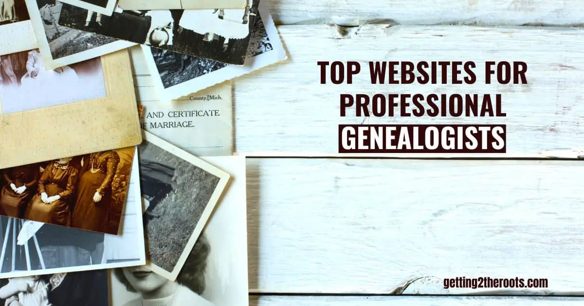 Image of old photos on a wood background used on my post "Top Websites For Professional Genealogists"