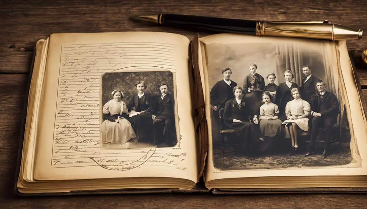 Image of a notebook with a pen and vintage photographs representing family history blog elements