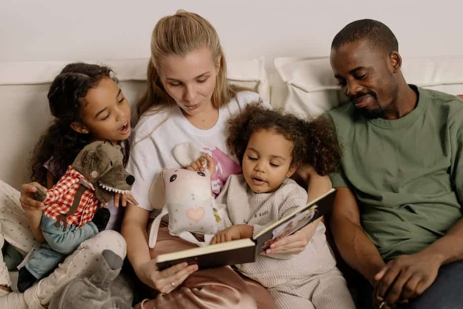 Image of a mixed family looking at a book representing Cousin Once Removed.