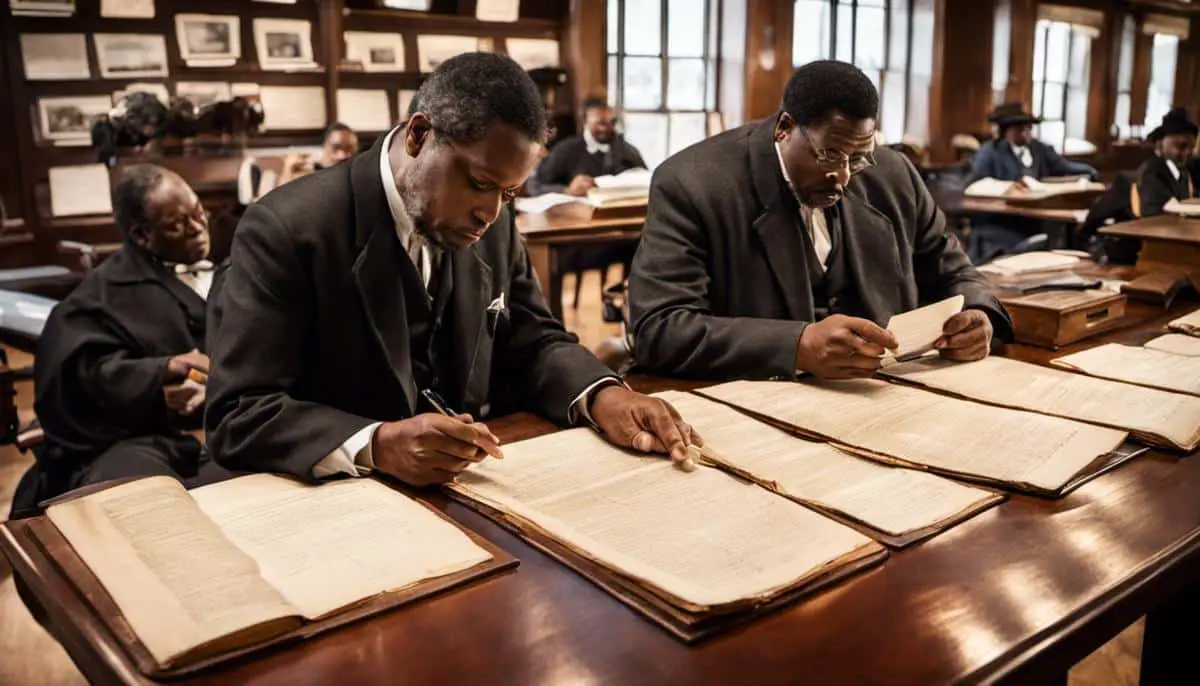 An image of researchers examining historical documents related to tracing African American Ancestry Before 1870